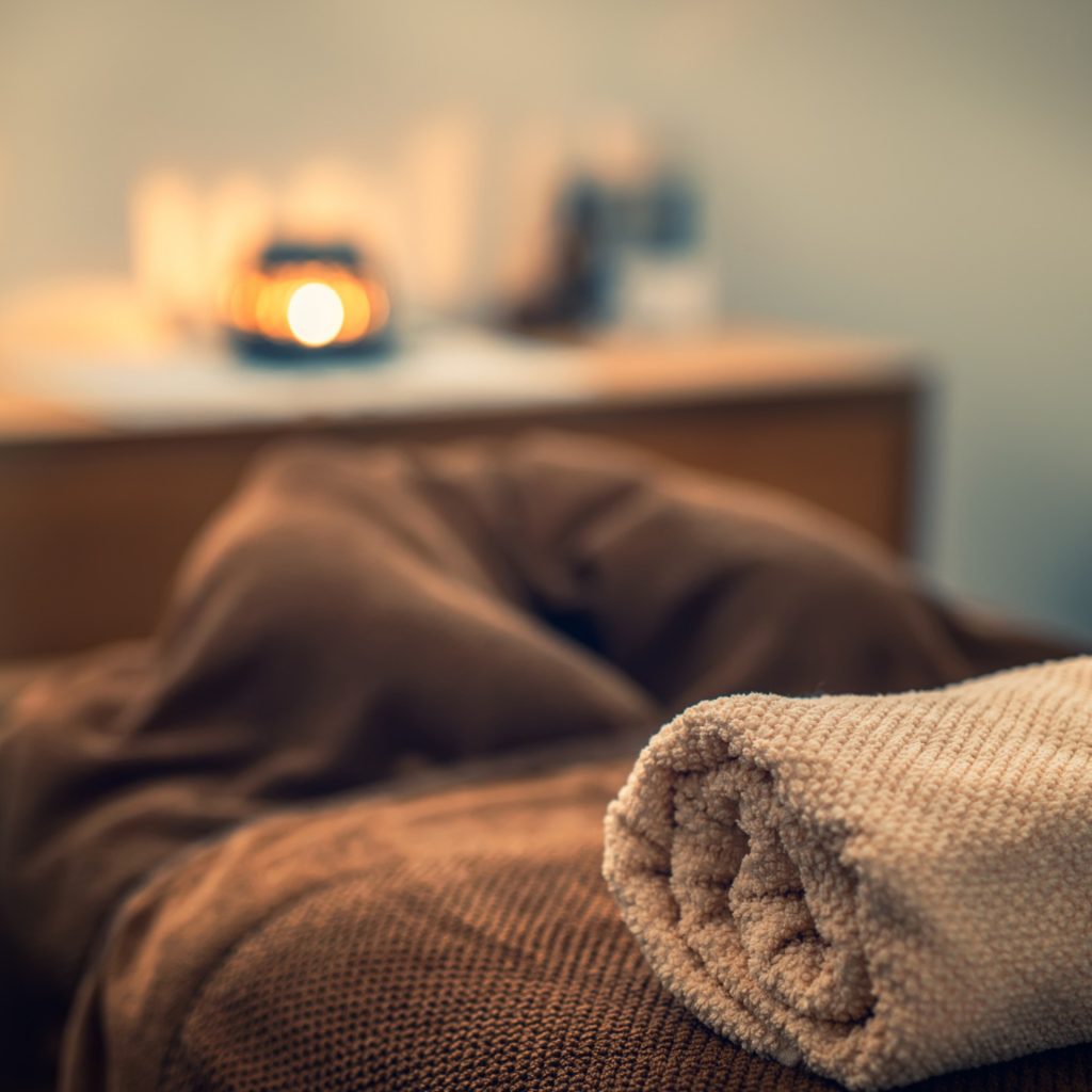 Serviette roulée sur un lit